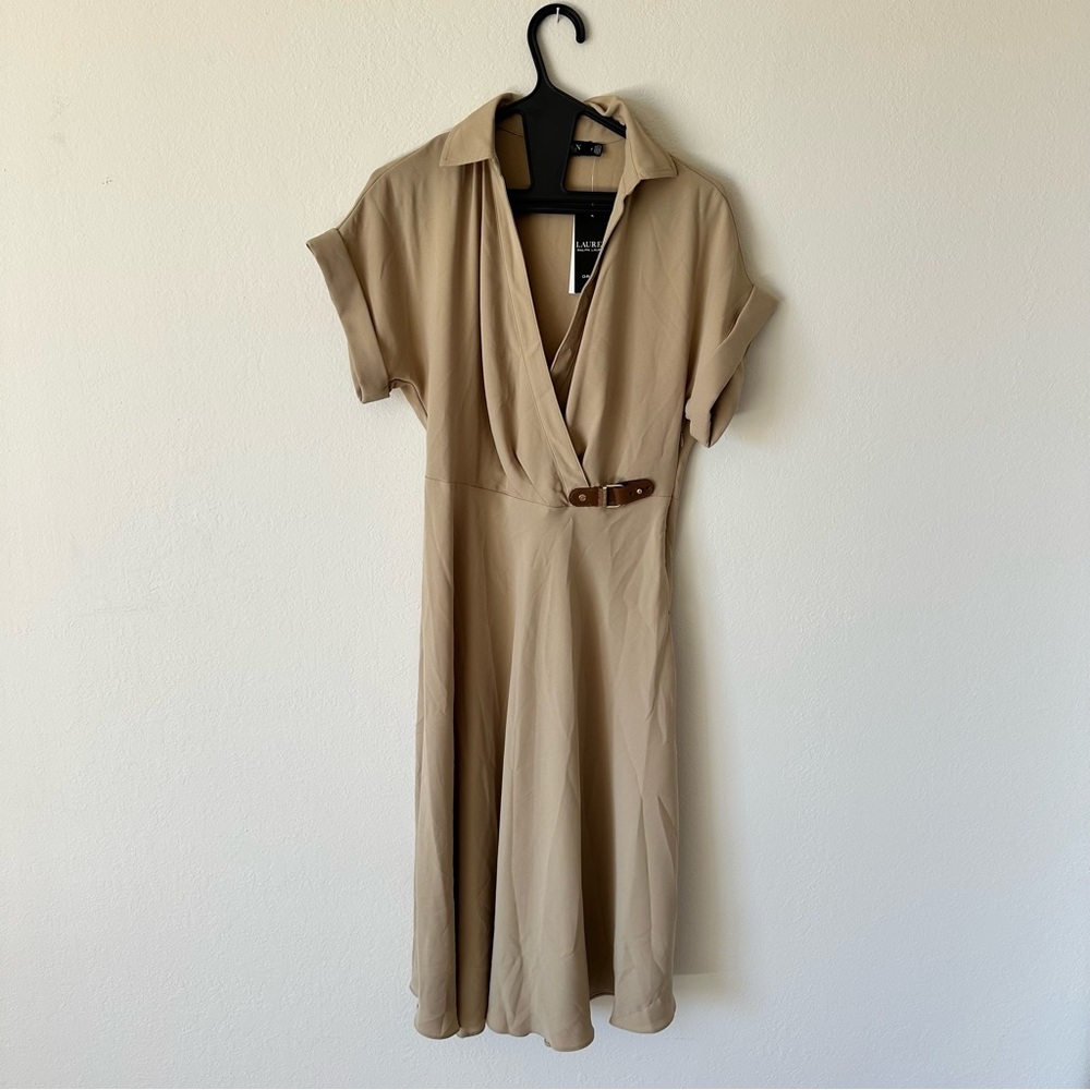 Lauren Ralph Lauren Tan Belted Faux Wrap Midi Dress NWT Size 2
